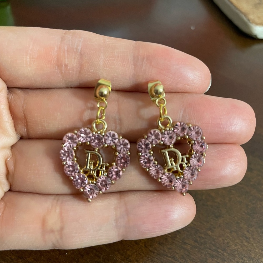 Upcycled Dior Gold and Pink Heart Earrings